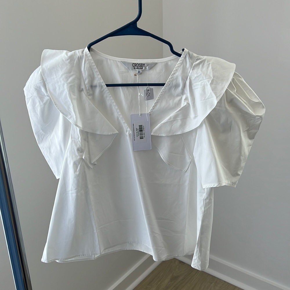CROSBY by Mollie Burch White Ruffle Collar Puff Sleeve Top